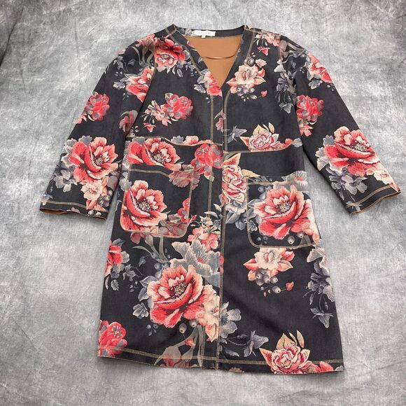 Solitaire Coat Women Medium Black Red Floral‎ Faux Suede Soft Open Art Boho - Picture 1 of 12
